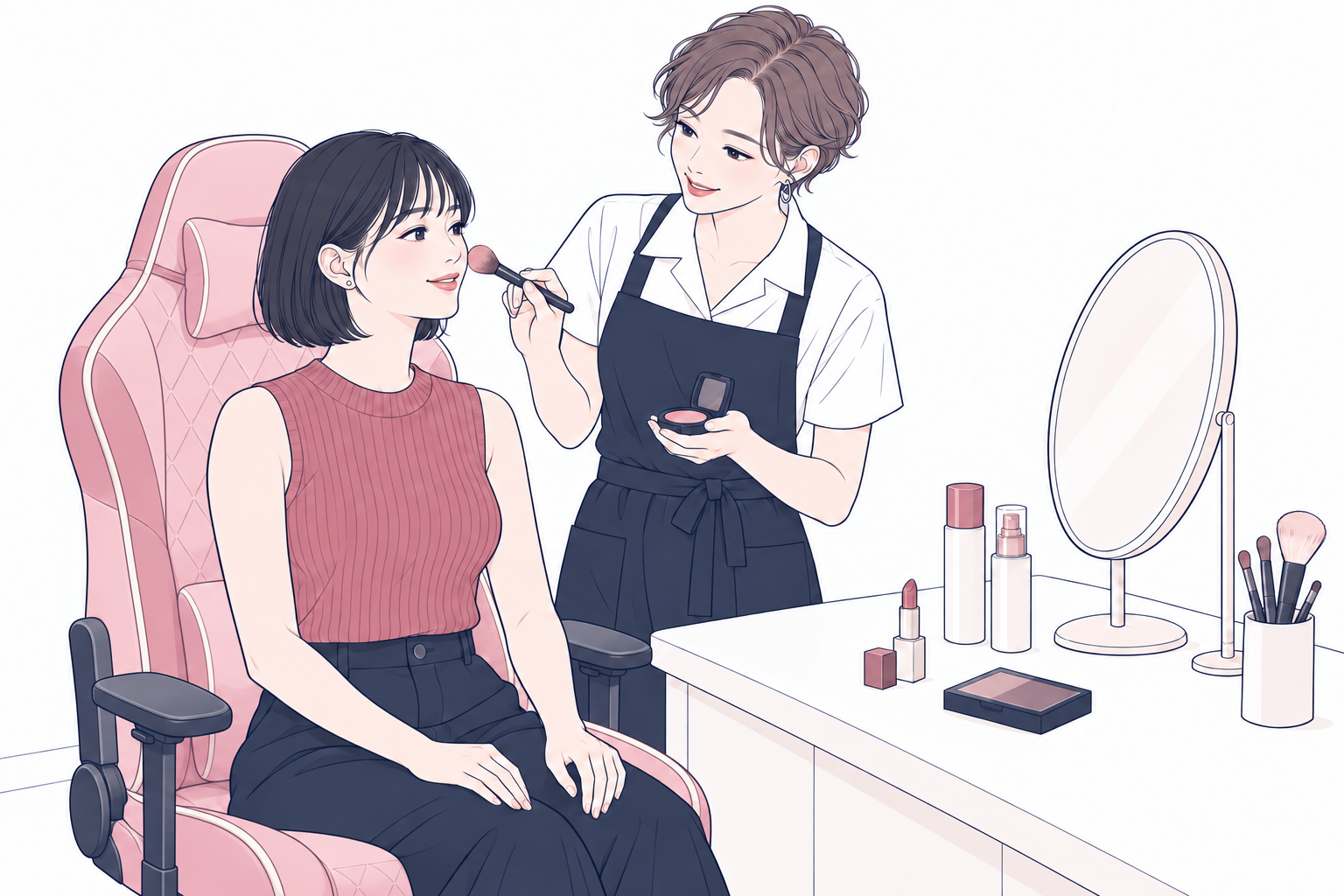 ピンクのゲーミングチェアでメイクをする2人のイラスト