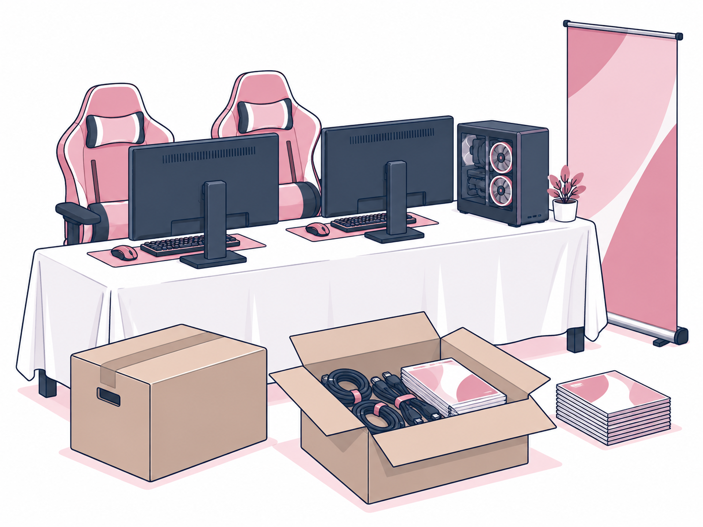 ゲーミングPC会場の準備と搬入箱のイラスト