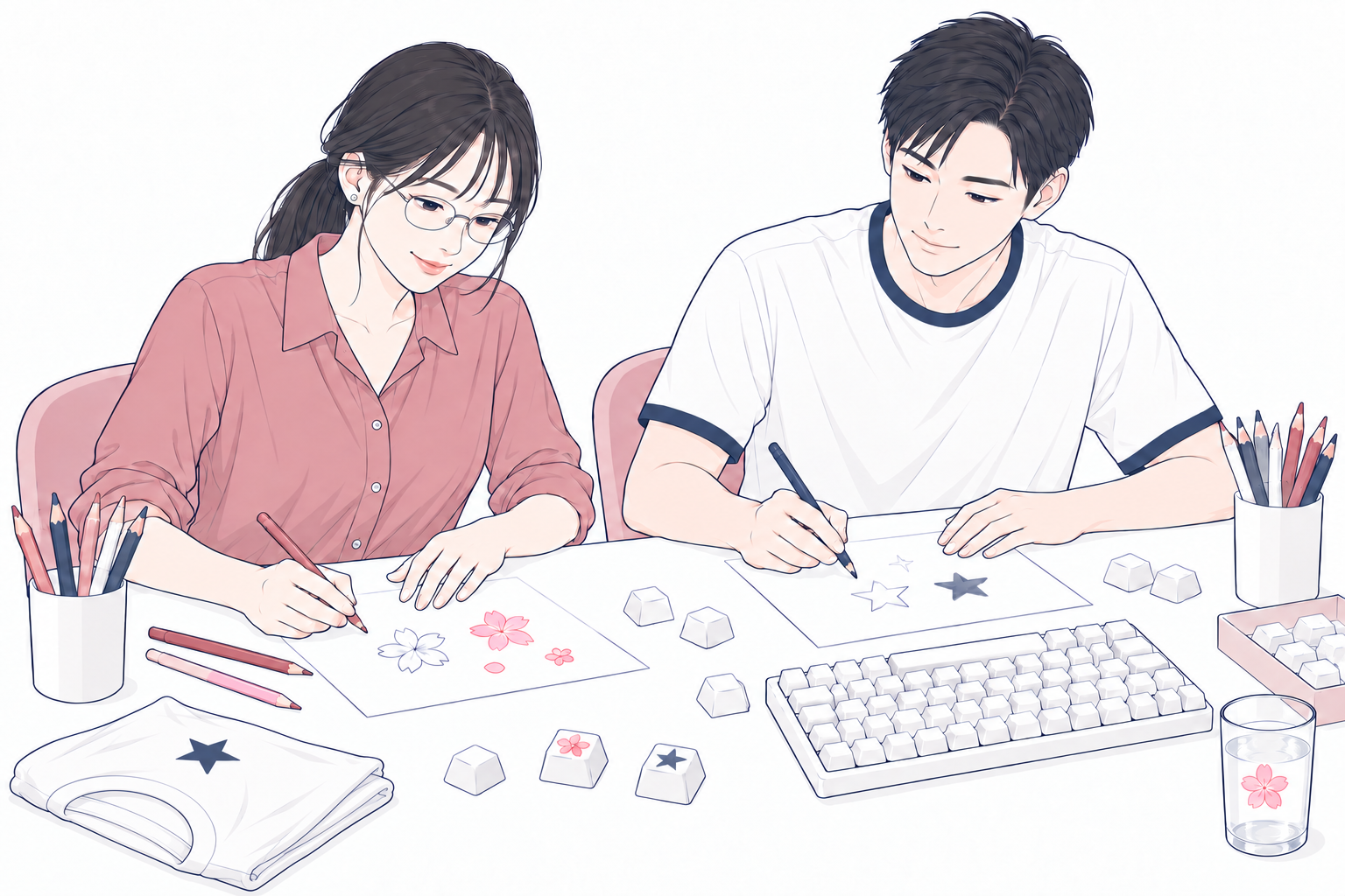 キーキャップの絵柄を描く二人と、オリジナルのTシャツやグラス
