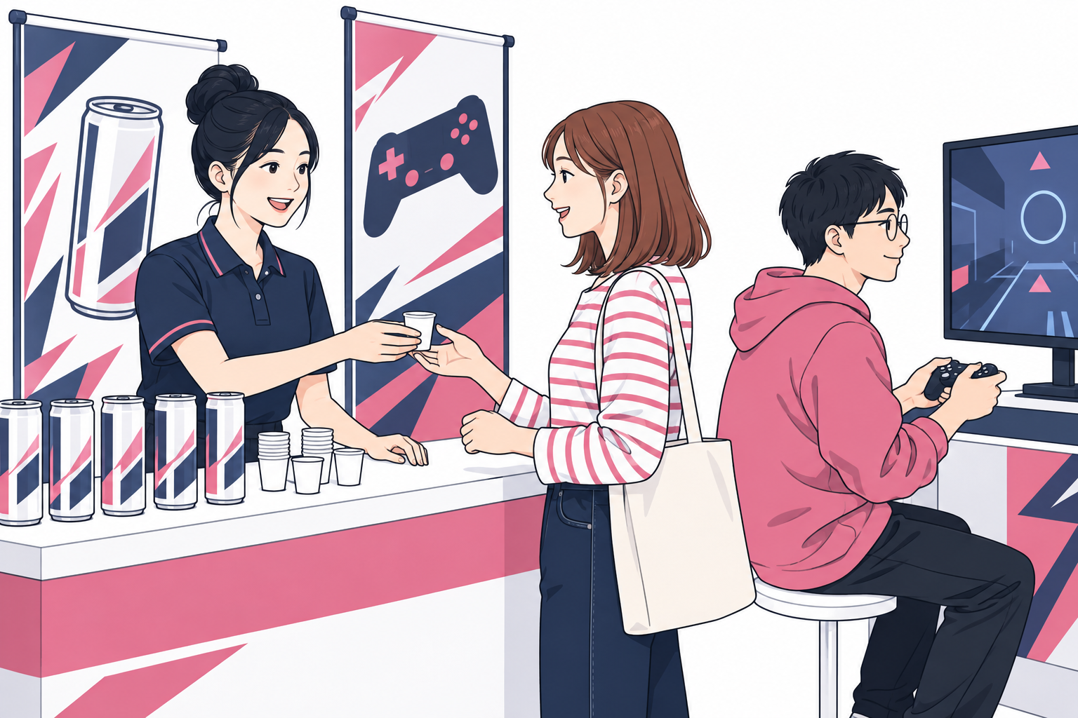エナジードリンクの試飲とゲーム体験を組み合わせたブースのイラスト