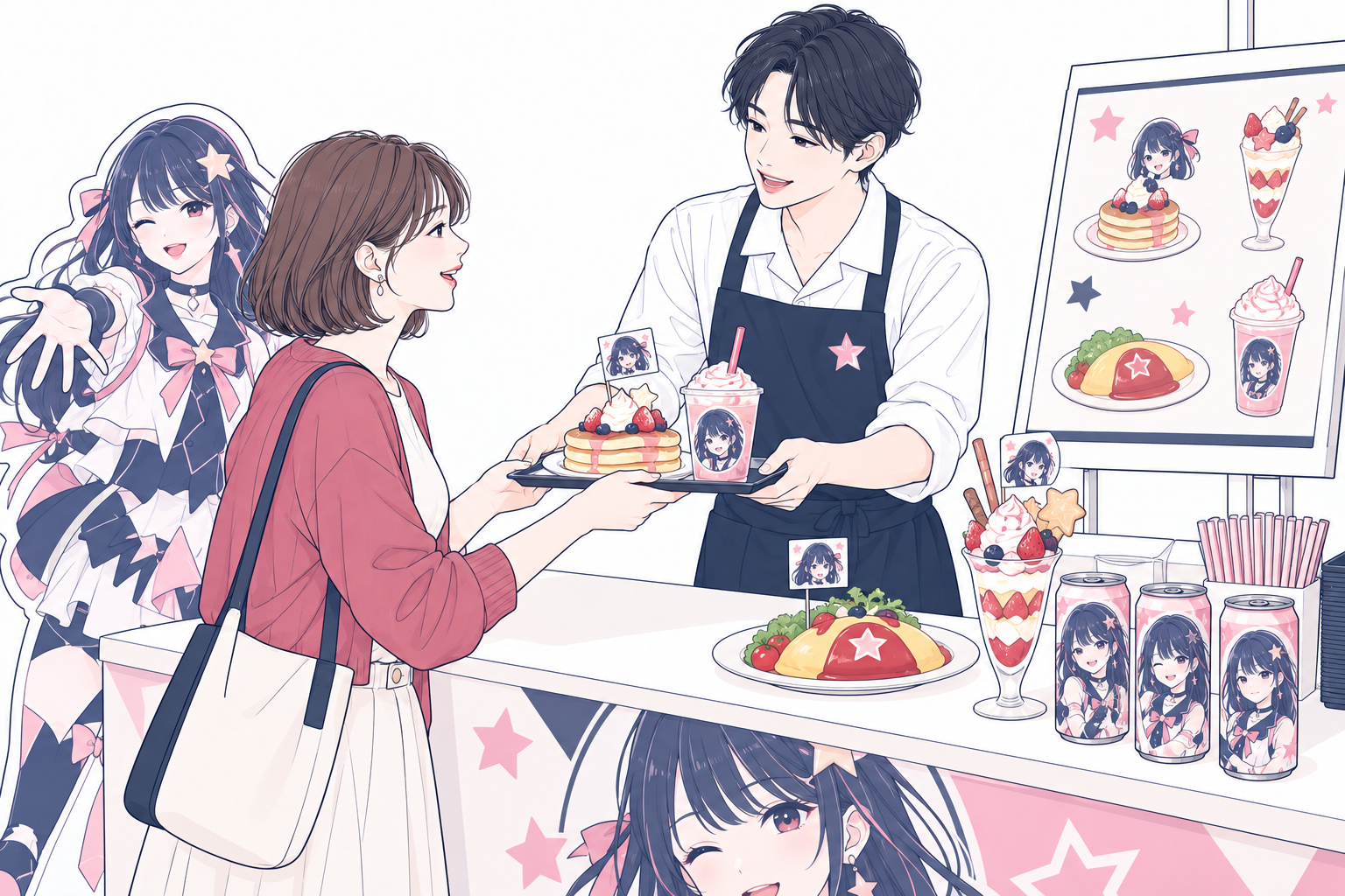 VTuberのコラボ缶、パフェ、キャラクターの旗を添えたパンケーキや食事を販売する様子