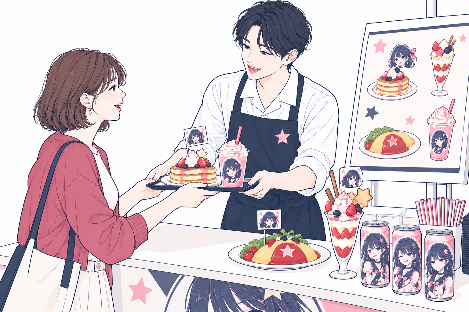 VTuberのコラボ缶、パフェ、キャラクターの旗を添えたパンケーキや食事を販売する様子
