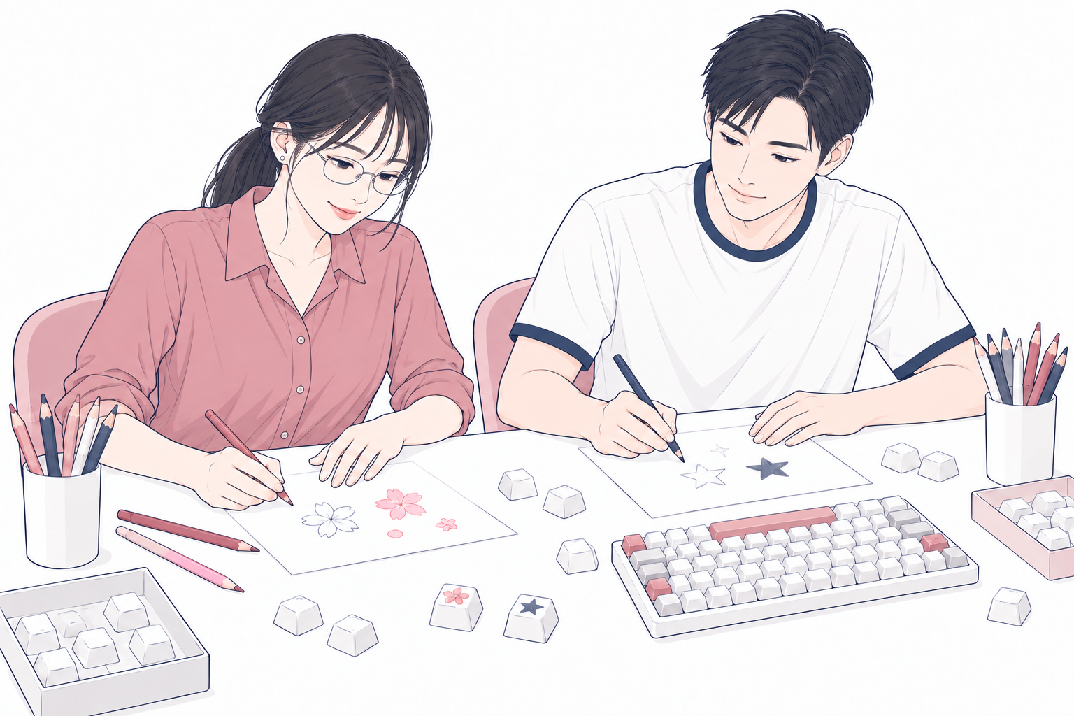 紙に絵を描きながらオリジナルキーキャップをつくる体験コーナーのイラスト