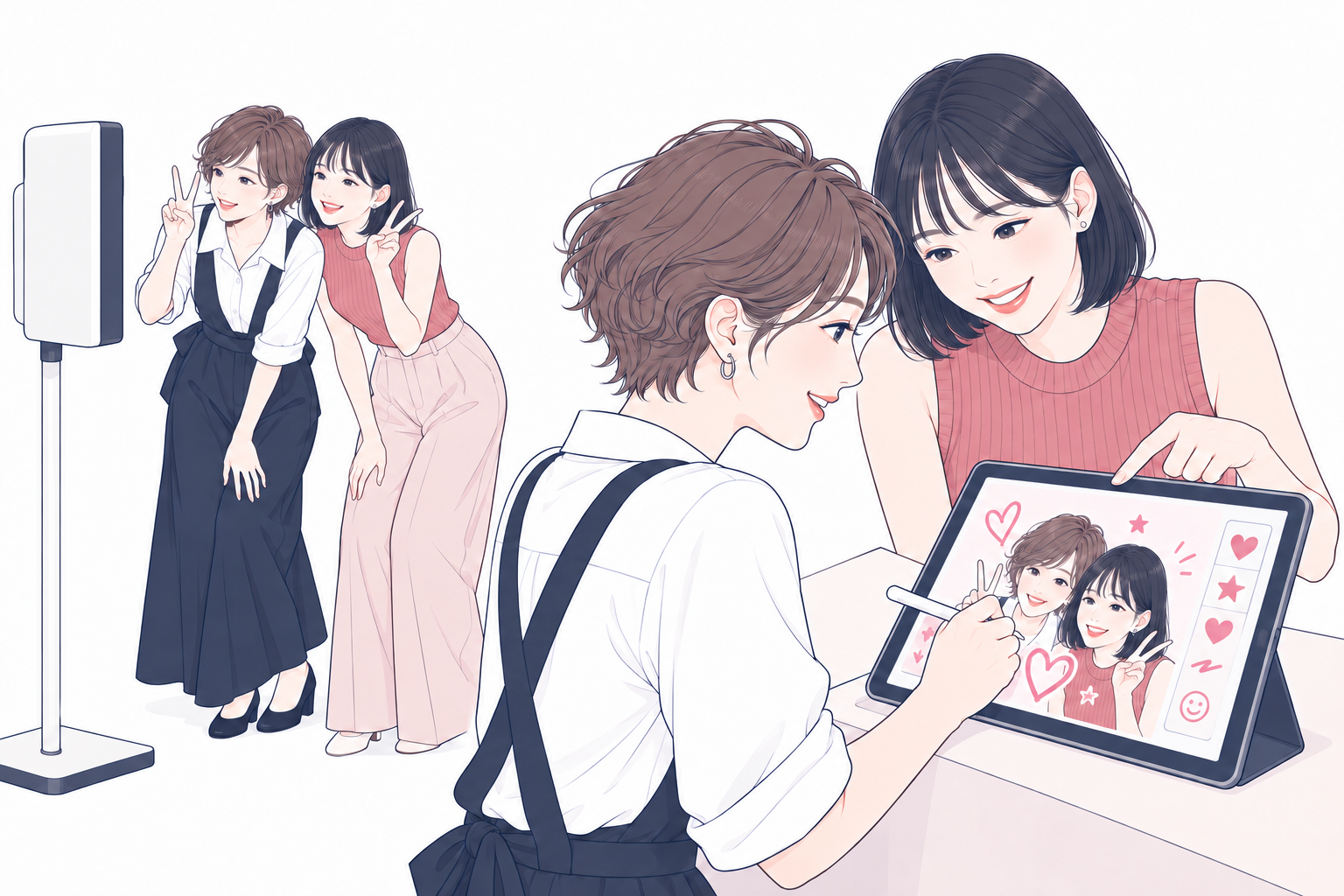 開けたスペースで自動撮影し、タブレットで写真にスタンプや落書きを加える来場者のイラスト
