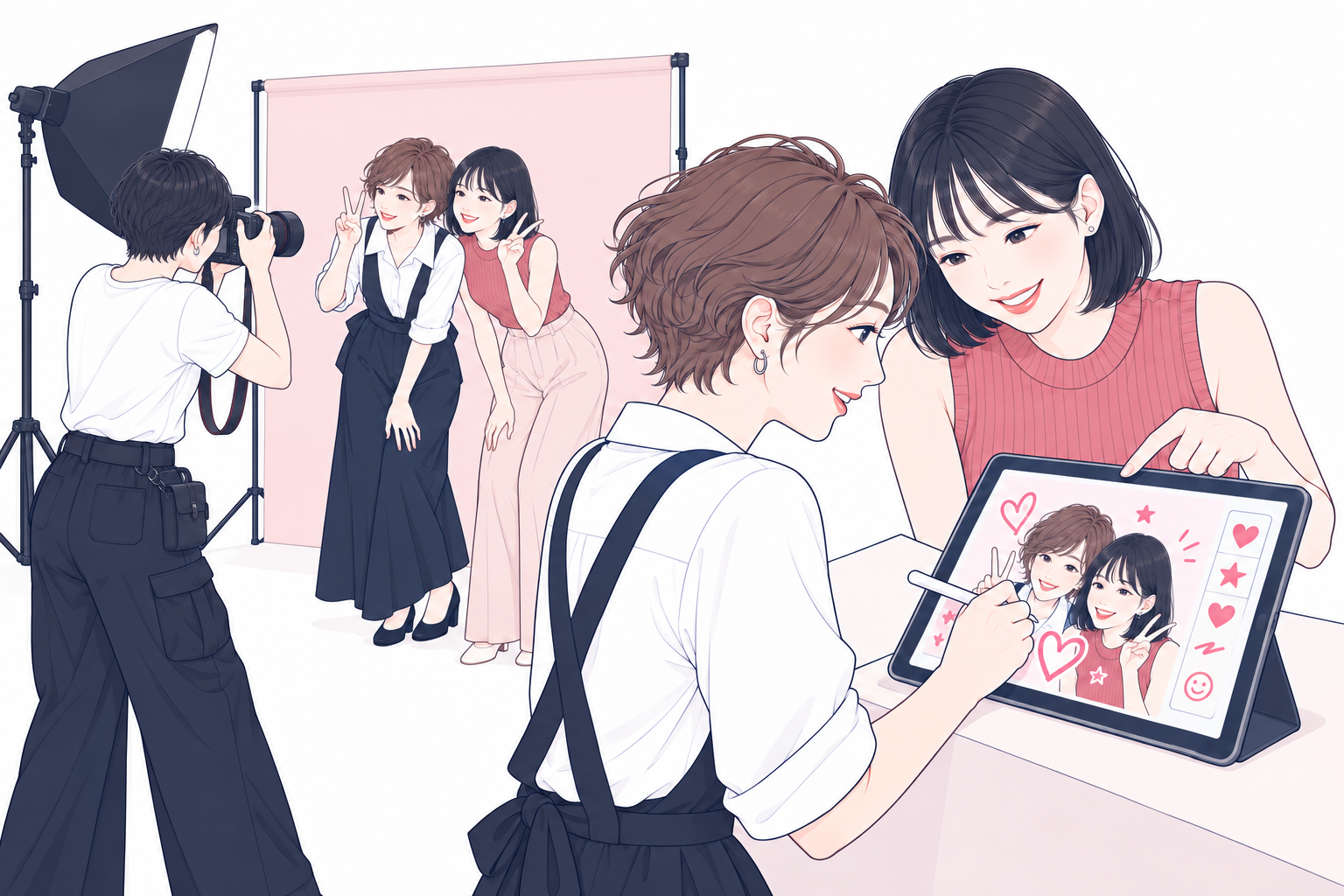 カメラマンが来場者を撮影し、タブレットで写真にスタンプや落書きを加える様子