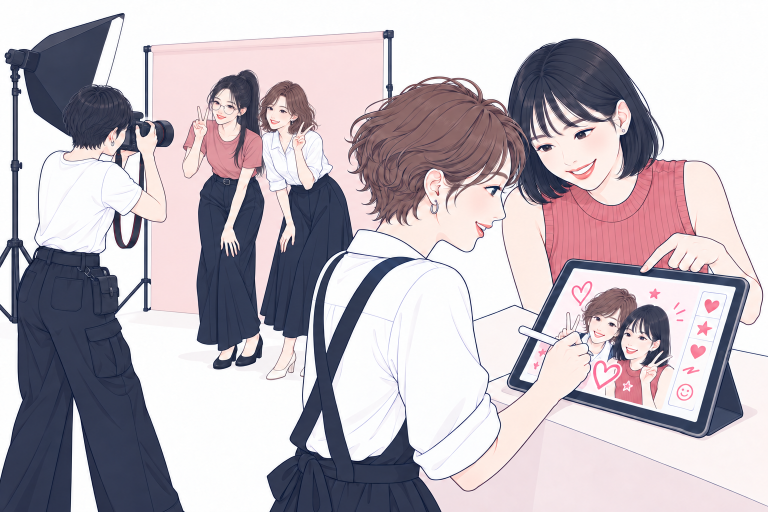 カメラマンが来場者を撮影し、タブレットで写真にスタンプや落書きを加える様子